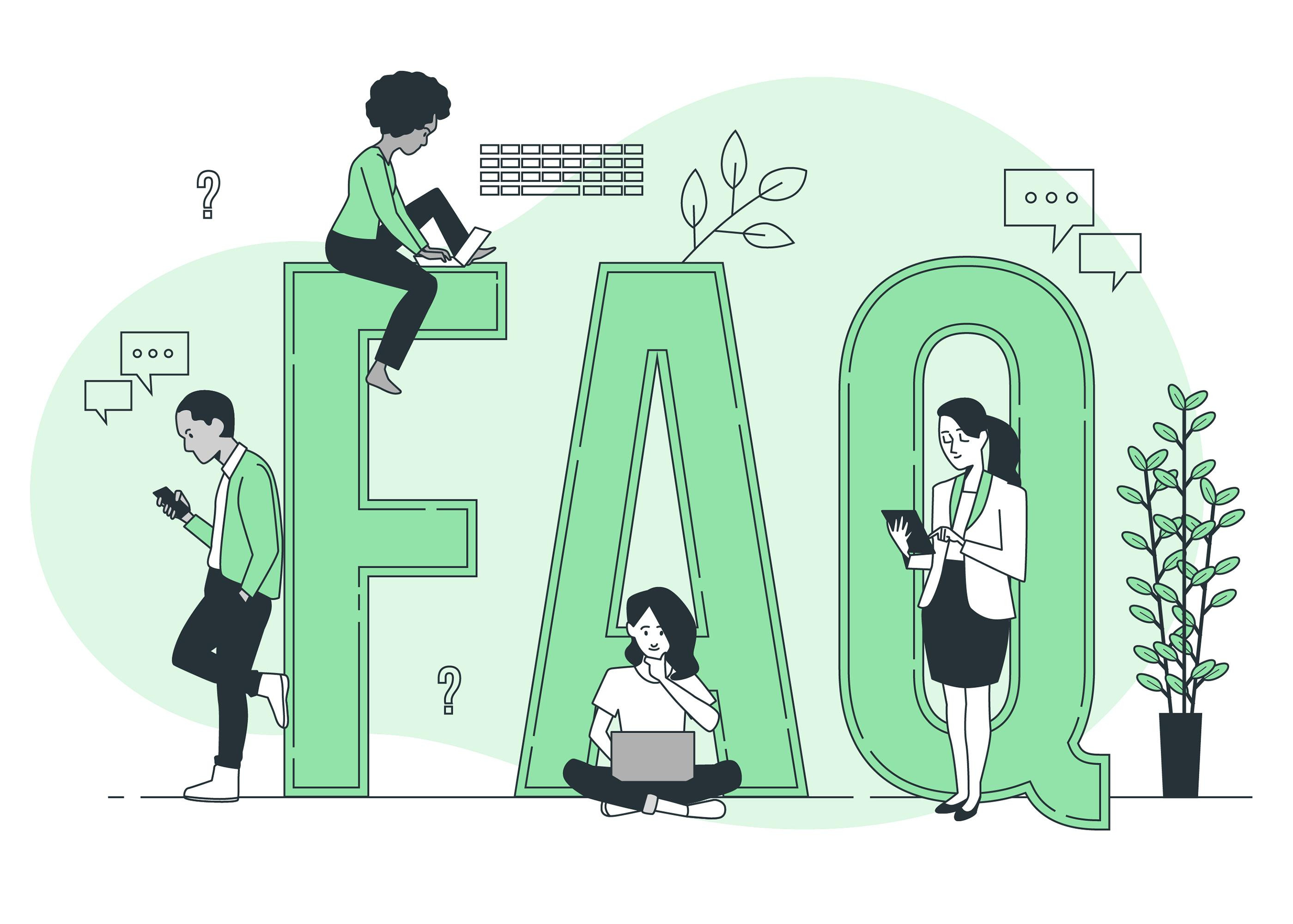 Desenho representando um letreiro grande escrito "FAQ" com várias pessoas trabalhando ao redor